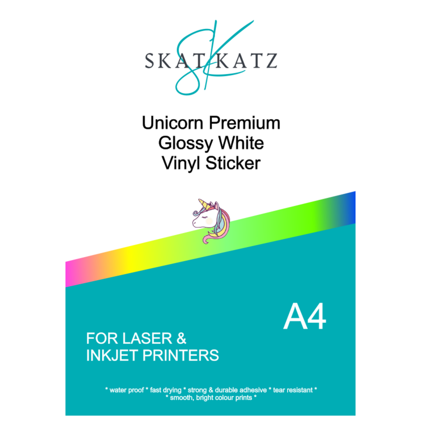 Unicorn Premium Printable Vinyl - for INKJET & LASER Printers - Gloss White 50pk