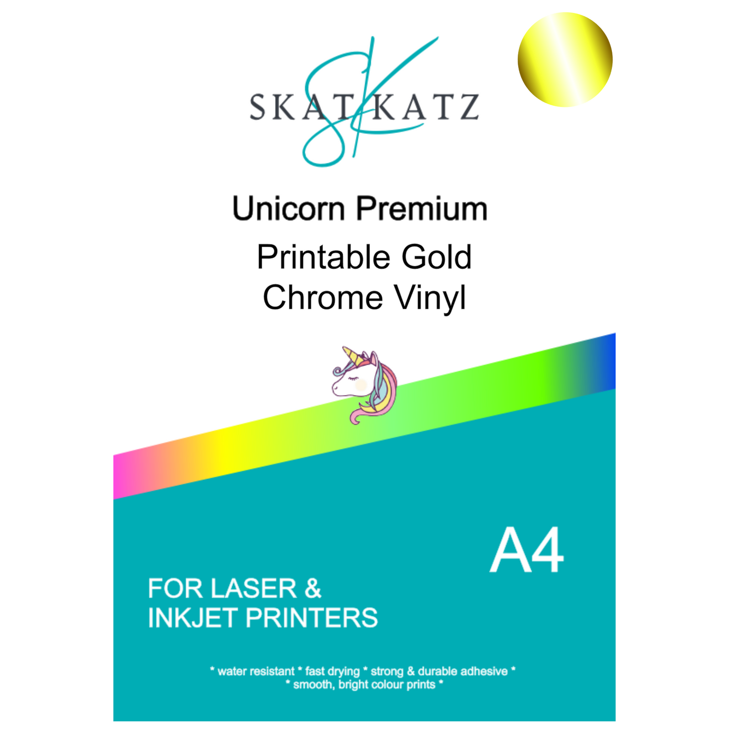 Unicorn 🦄  Premium Printable Vinyl - for inkjet & laser printers - Gold Chrome 10 pk
